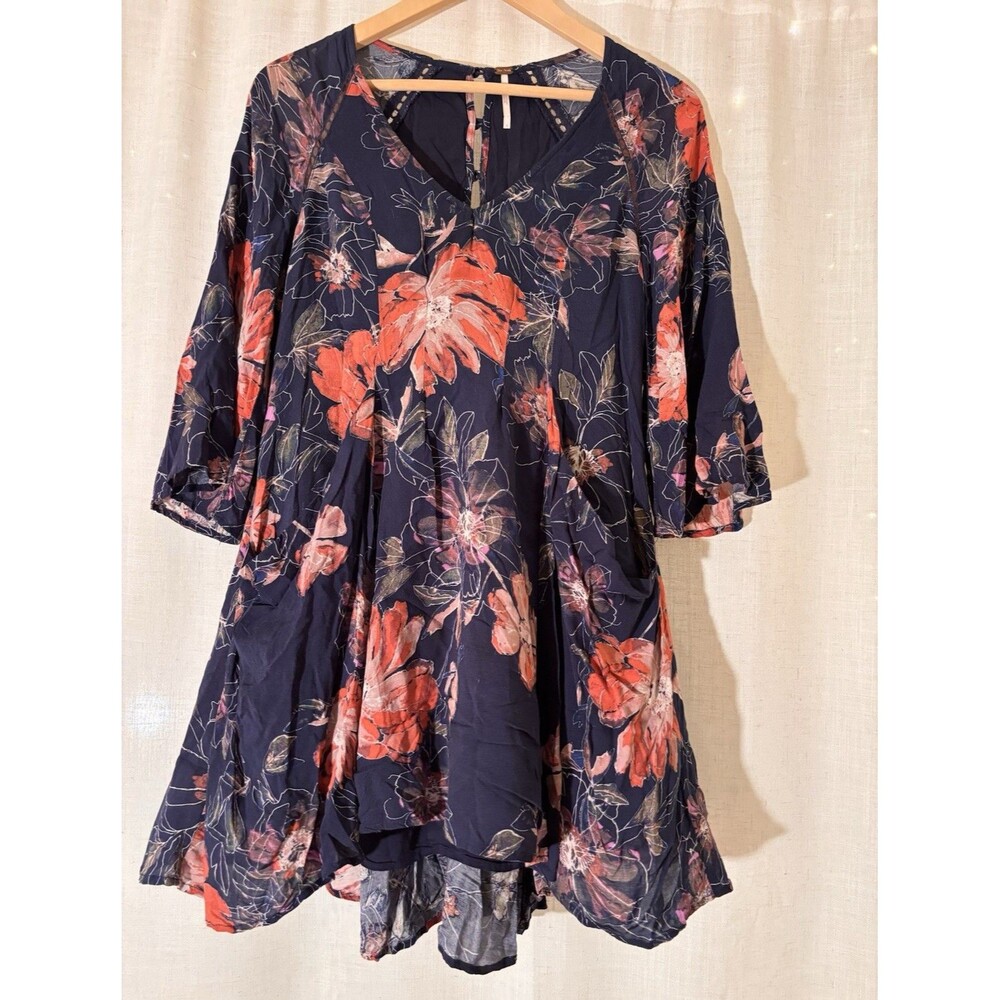 Free People Boho Hippie Cottagecore Navy/Orange 3/4 Bell Sleeve Dress, Size 0